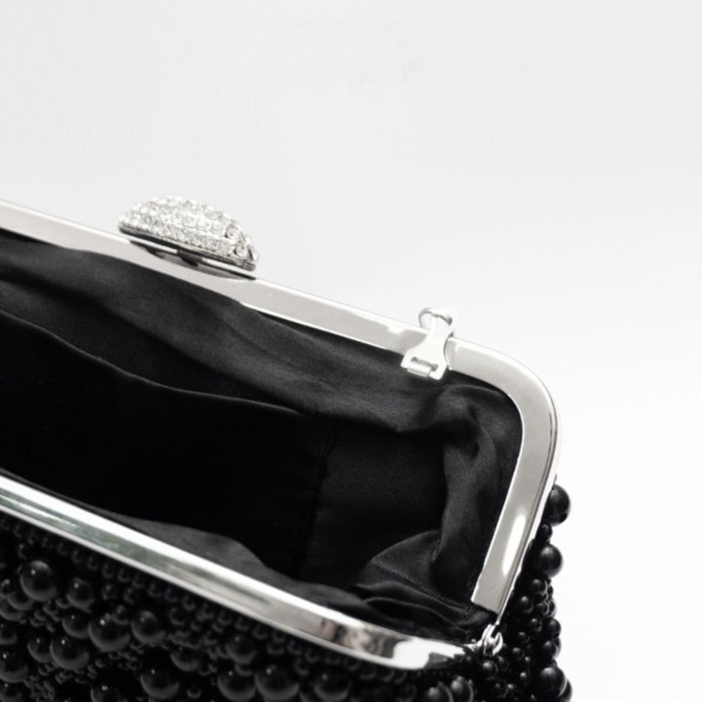 Black Pearl And Crystal Clutch Bag With Silver Details-1