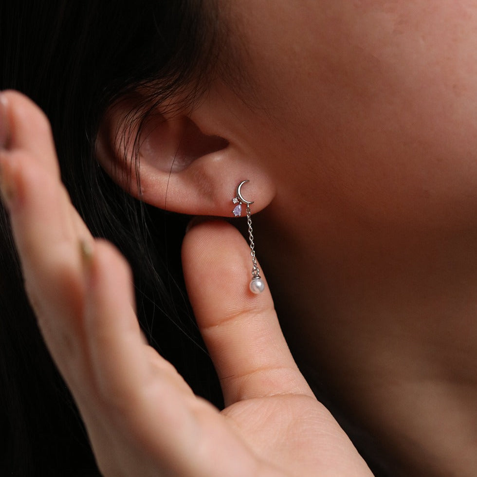 Crescent studs pearl drop earrings-0