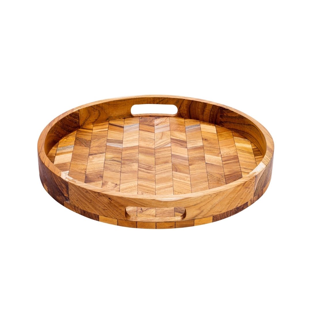 Herringbone Pattern Round Wooden Serving Tray-0