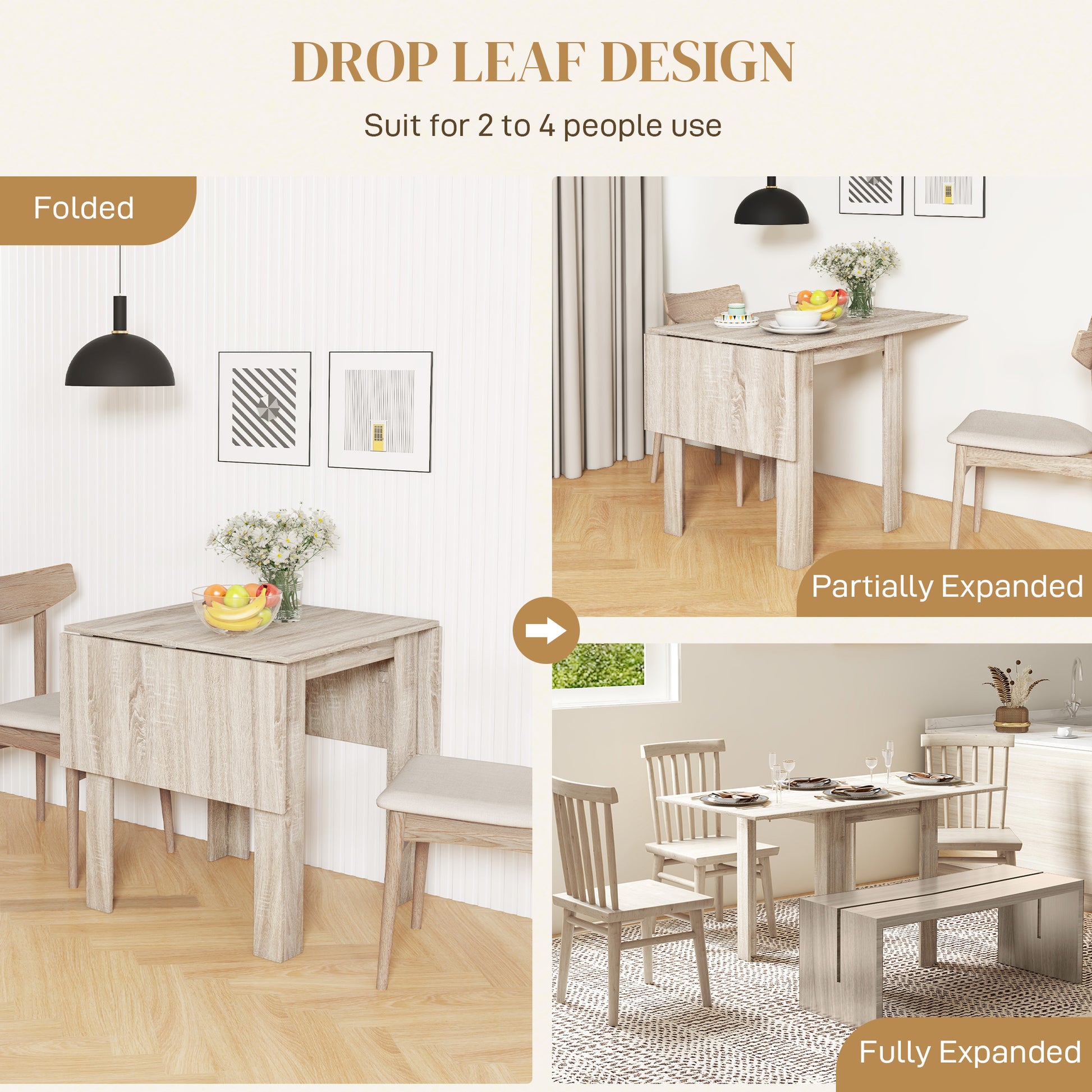 Folding Kitchen Table, Extendable Kitchen Table for Small Space, Drop Leaf Dining Table for 2-4 People, Oak | HOMCOM-2