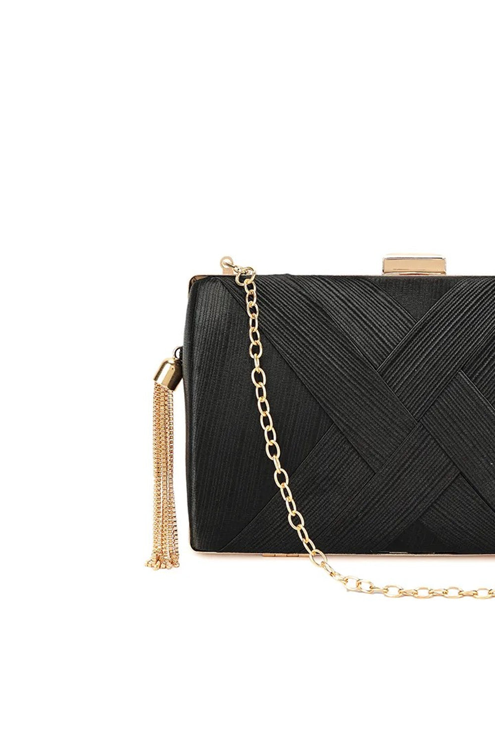 Black Satin Clutch Bag With Tassels-1