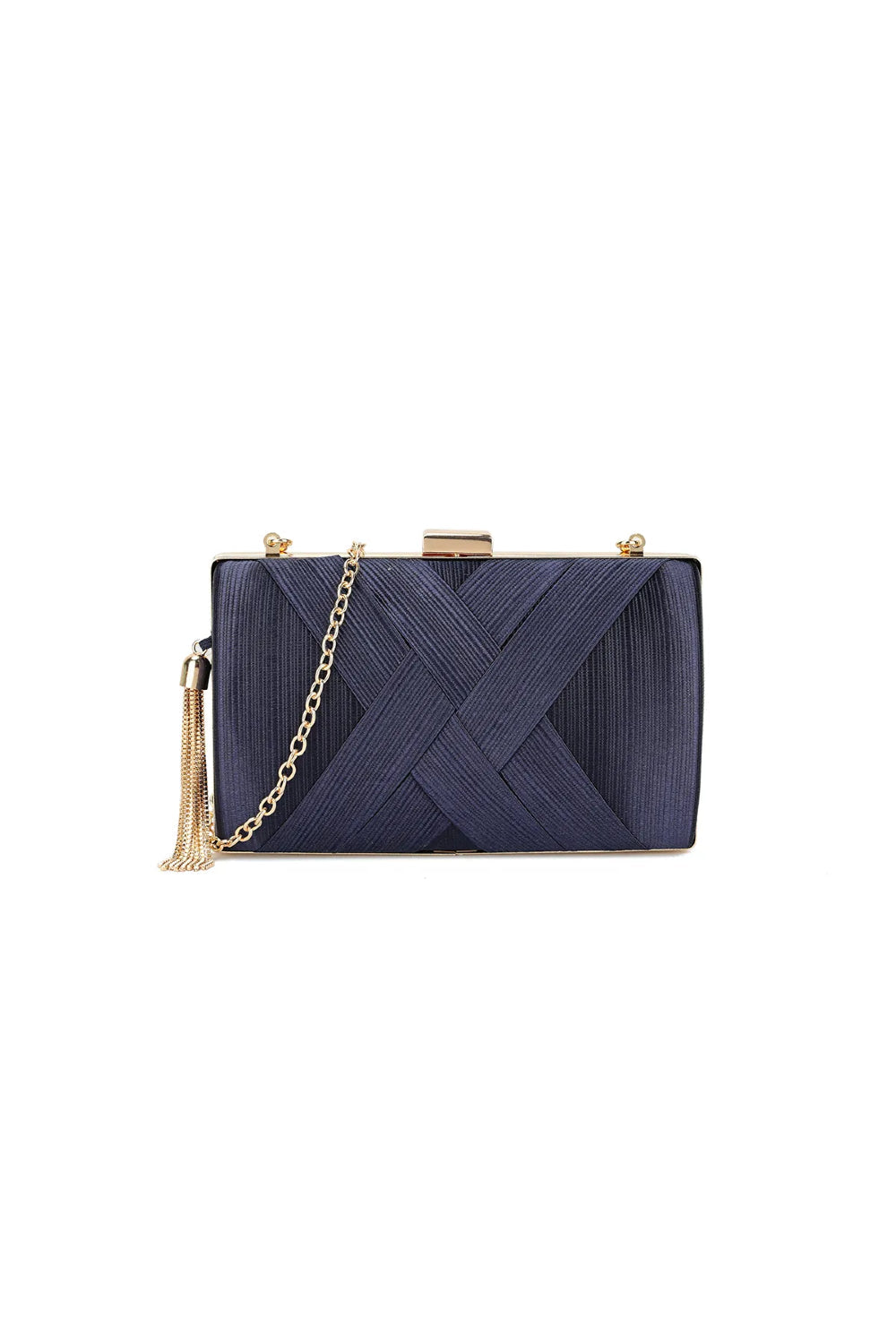 Navy Satin Clutch Bag With Tassels-0