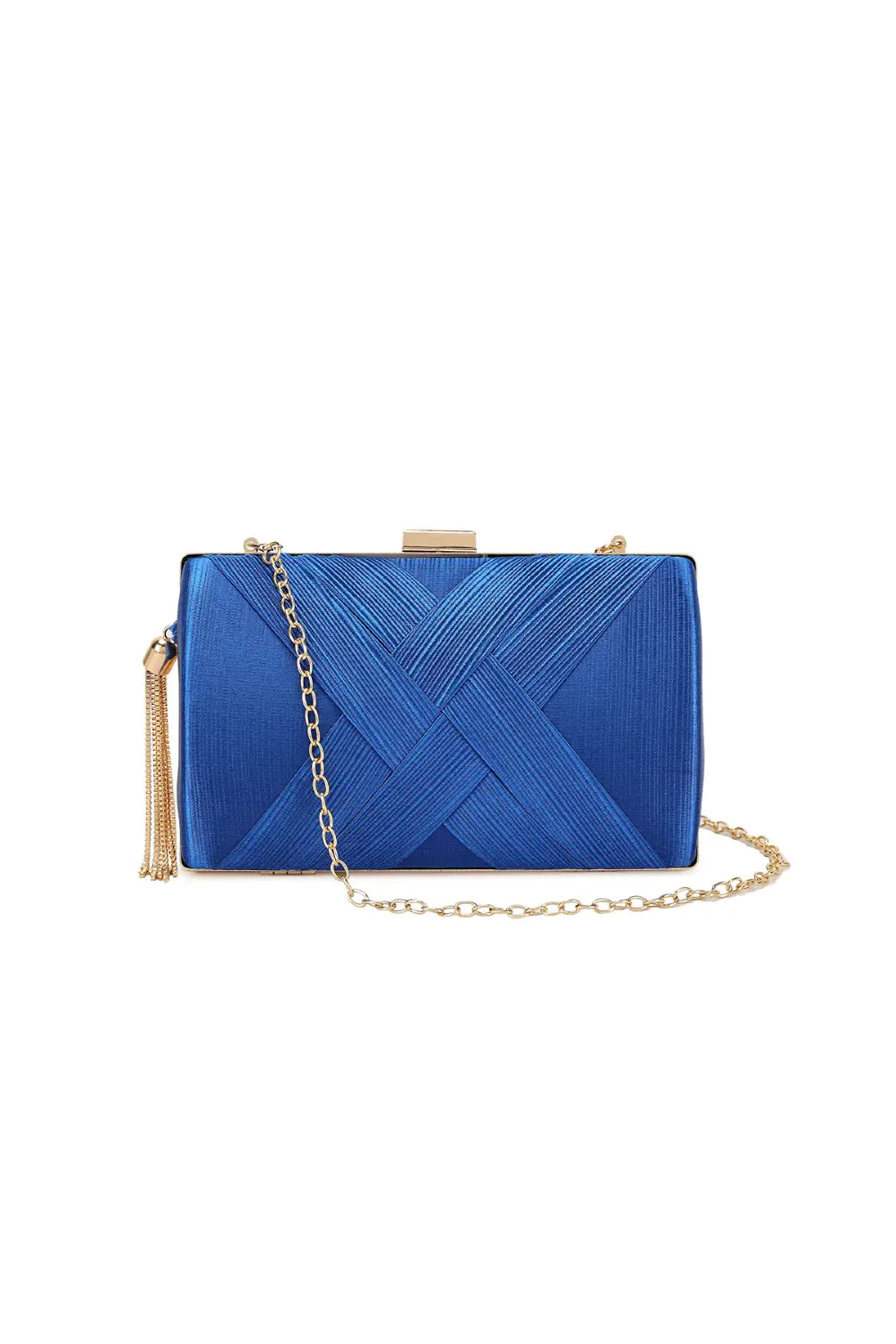 Royal Blue Satin Clutch Bag With Tassels-0