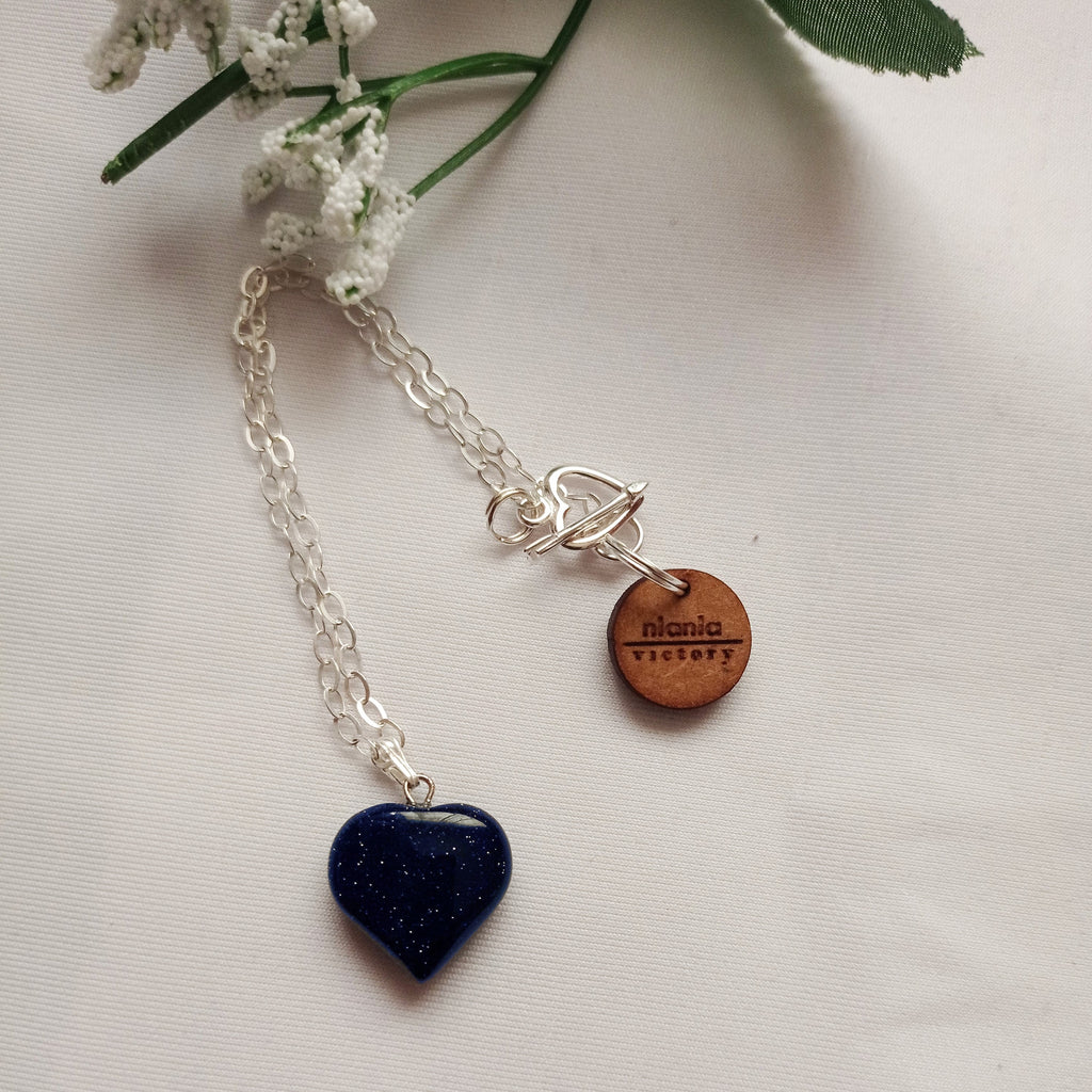 Blue Goldstone Bracelet, Sterling Silver Heart Bracelet, Heart Charm Bracelet | by nlanlaVictory-1