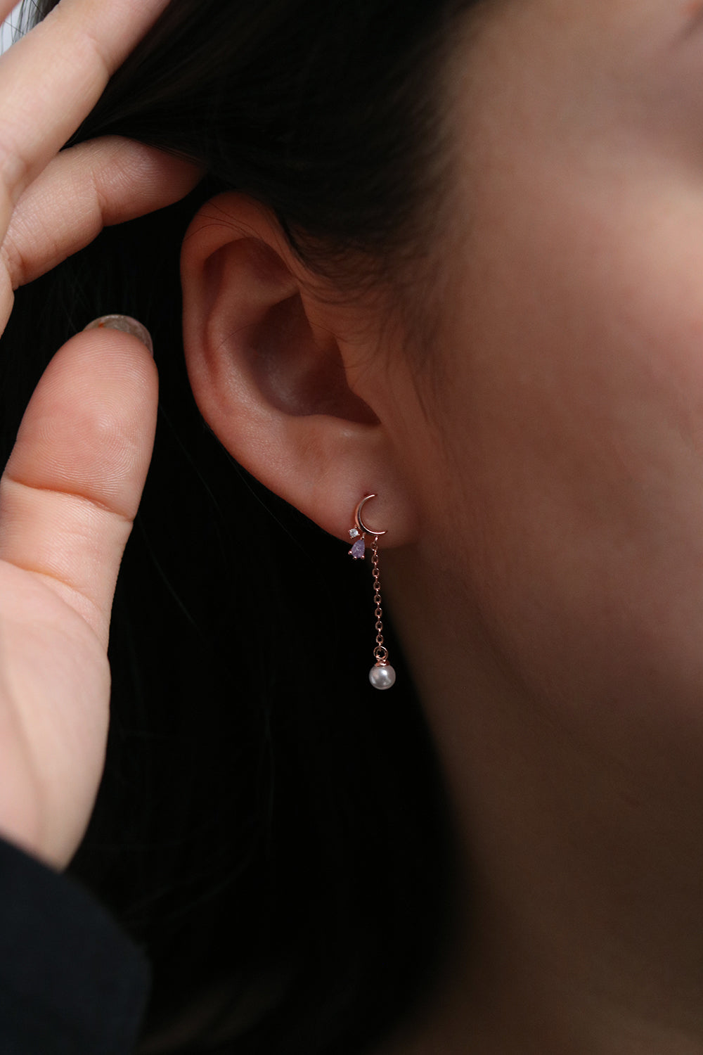 Crescent studs pearl drop earrings-2
