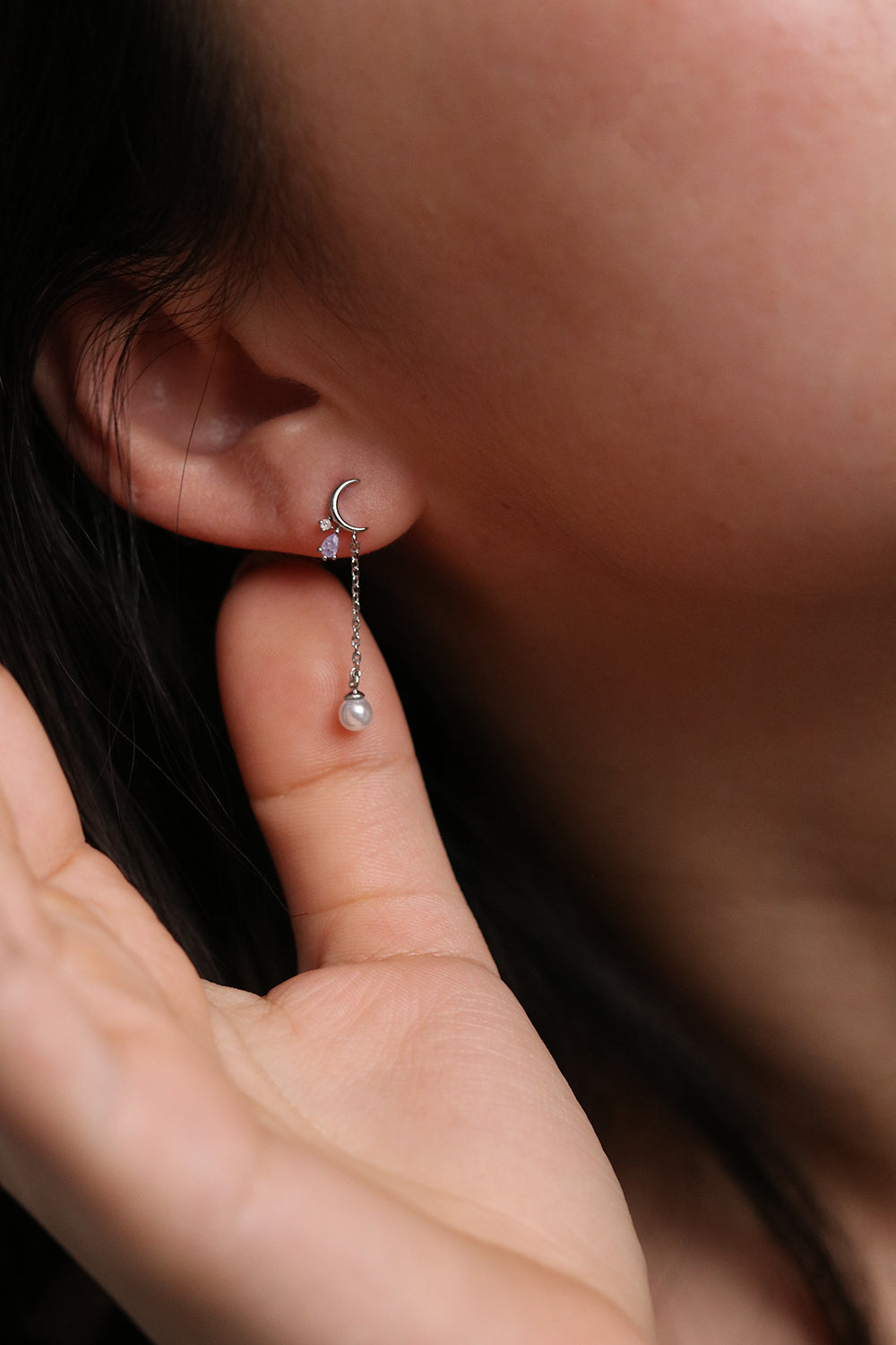 Crescent studs pearl drop earrings-3