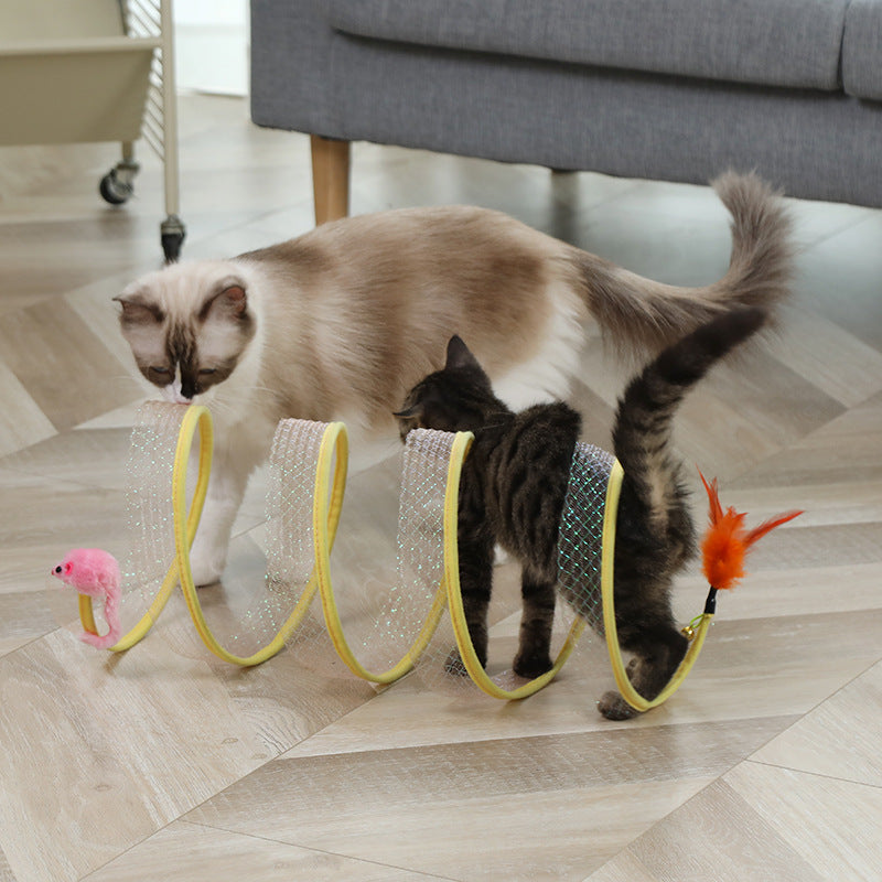 Foldable Cat Tunnel with Mouse Shape Balls and Feather Stick-2