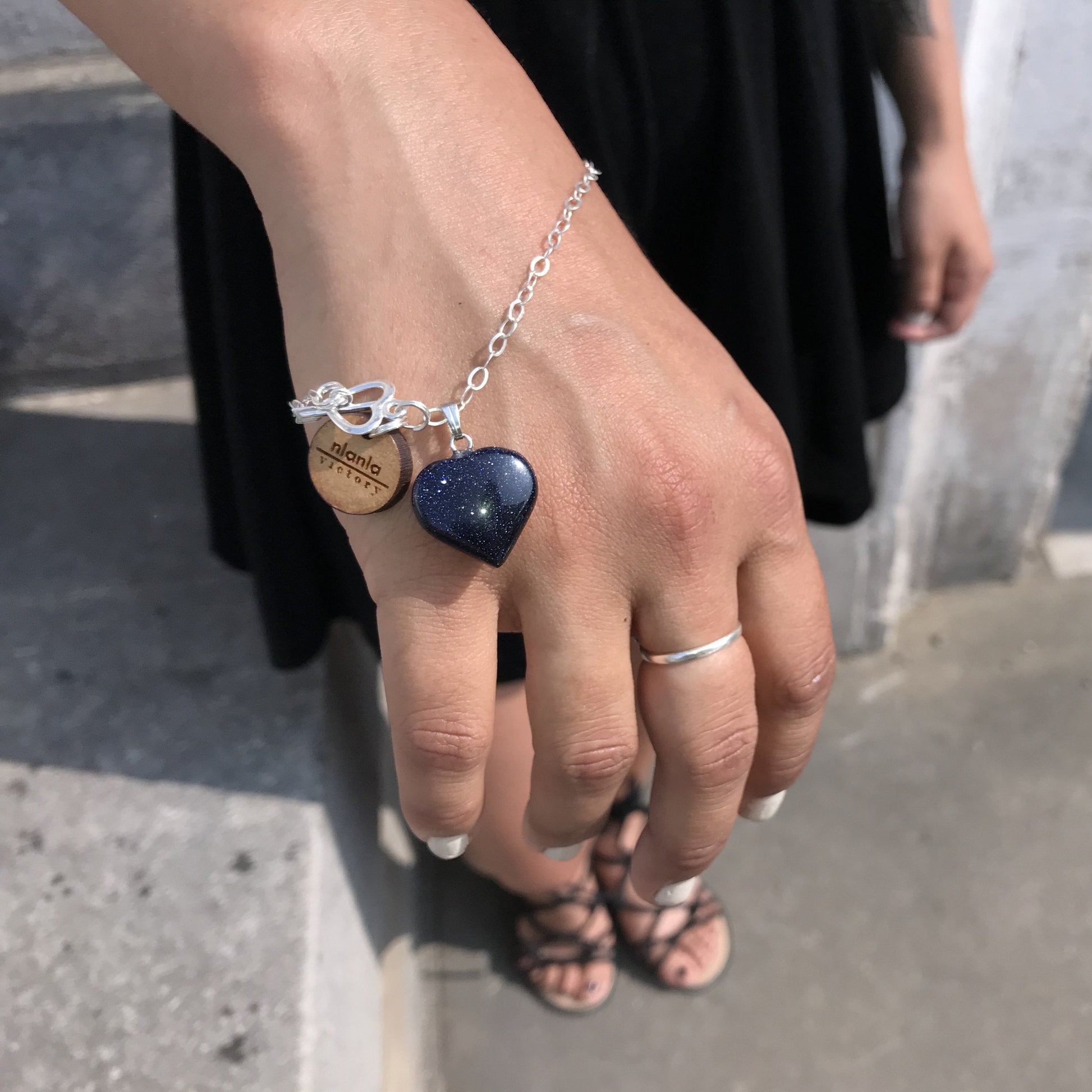 Blue Goldstone Bracelet, Sterling Silver Heart Bracelet, Heart Charm Bracelet | by nlanlaVictory-0
