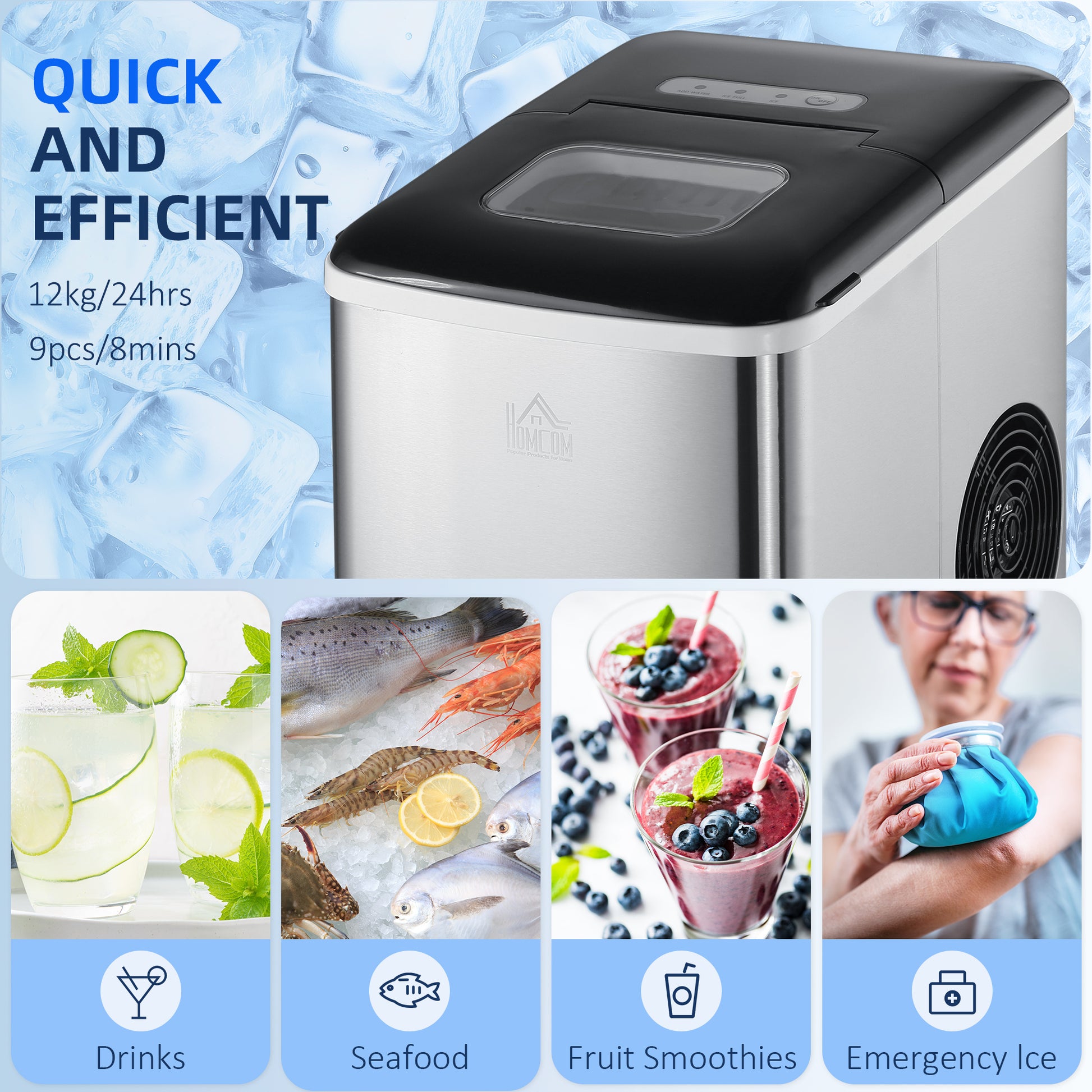 HOMCOM Counter Top Ice Cube Maker Machine, 12kg in 24 Hrs 1.8L with Self Cleaning Function Scoop & Basket Stainless Steel-4