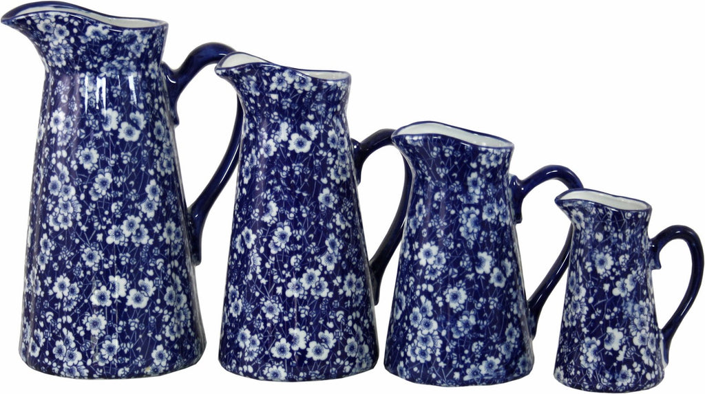 Set of 4 Ceramic Jugs, Vintage Blue & White Daisies Design-1
