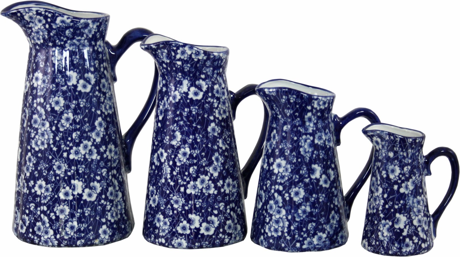 Set of 4 Ceramic Jugs, Vintage Blue & White Daisies Design-1