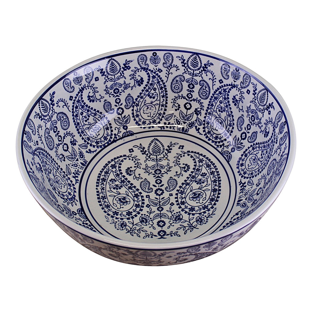 Large Ceramic Bowl, Vintage Blue & White Paisley Design-2