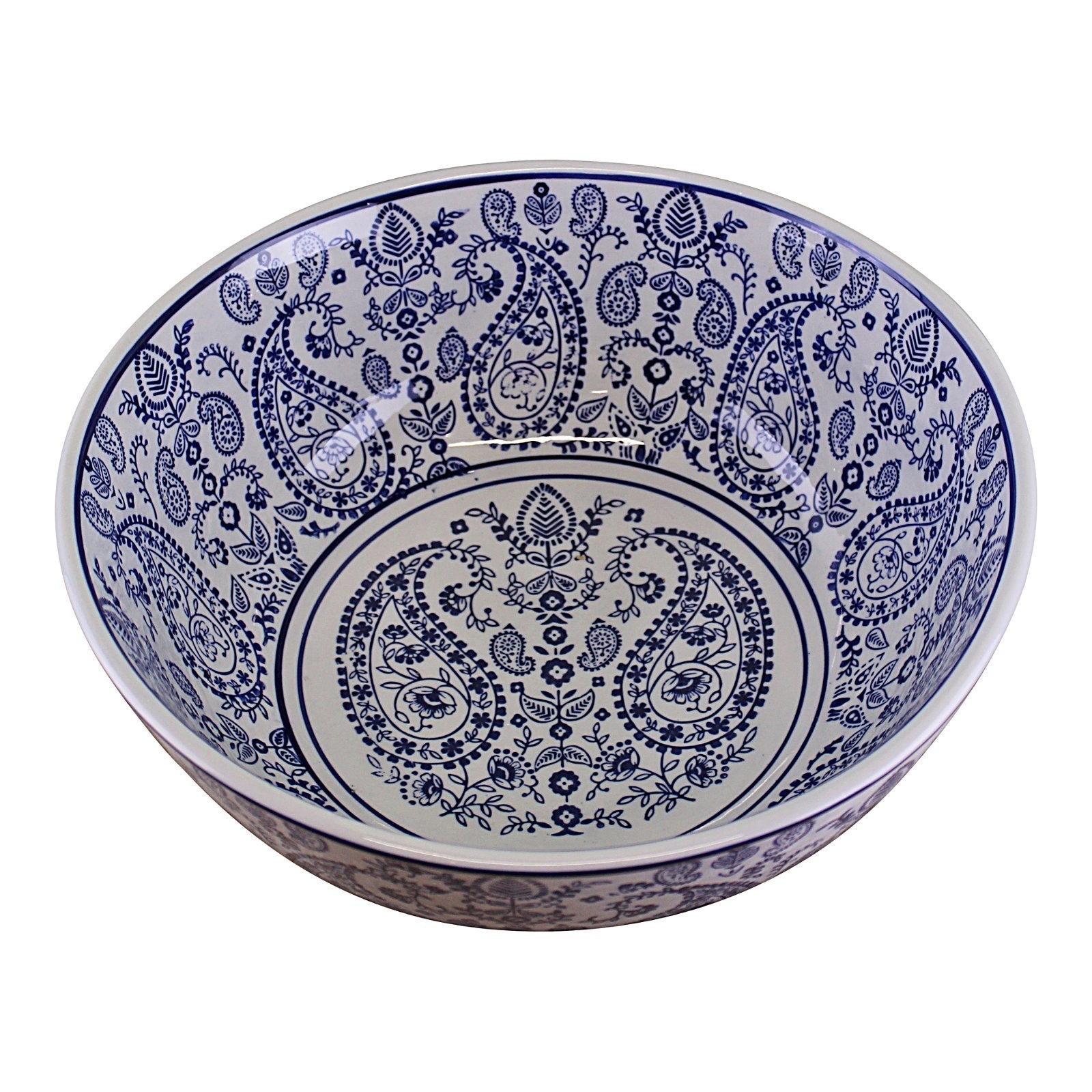 Large Ceramic Bowl, Vintage Blue & White Paisley Design-2