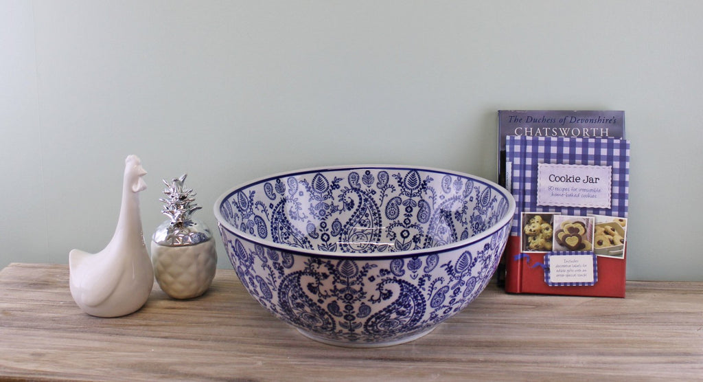 Large Ceramic Bowl, Vintage Blue & White Paisley Design-1