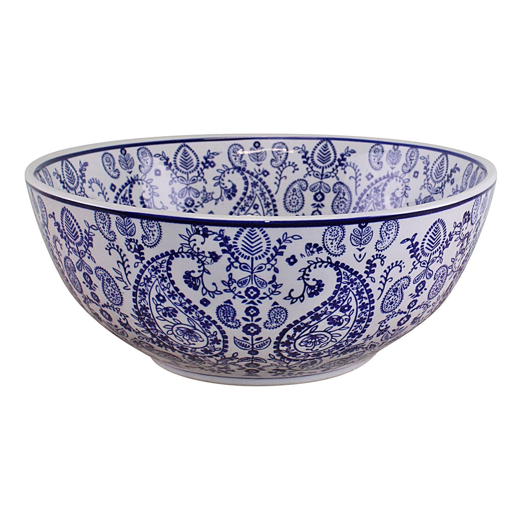 Large Ceramic Bowl, Vintage Blue & White Paisley Design-0
