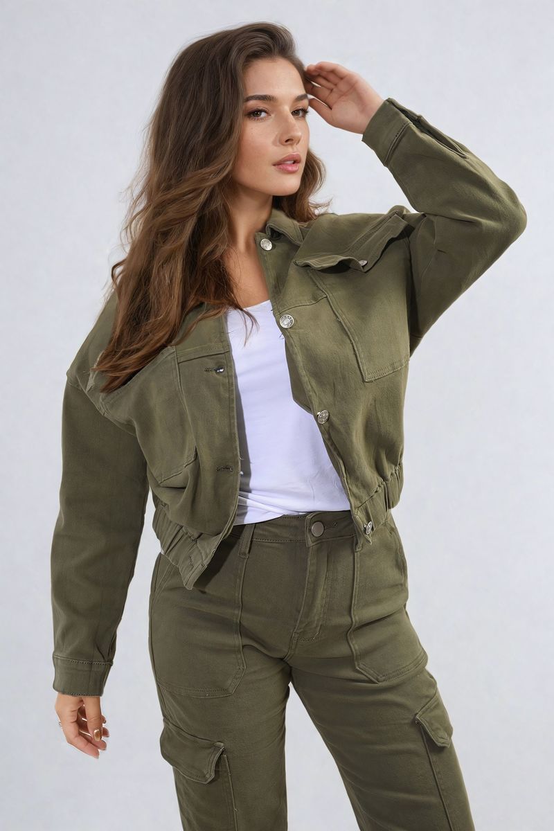 Cropped Button Jacket with Front Pockets-4