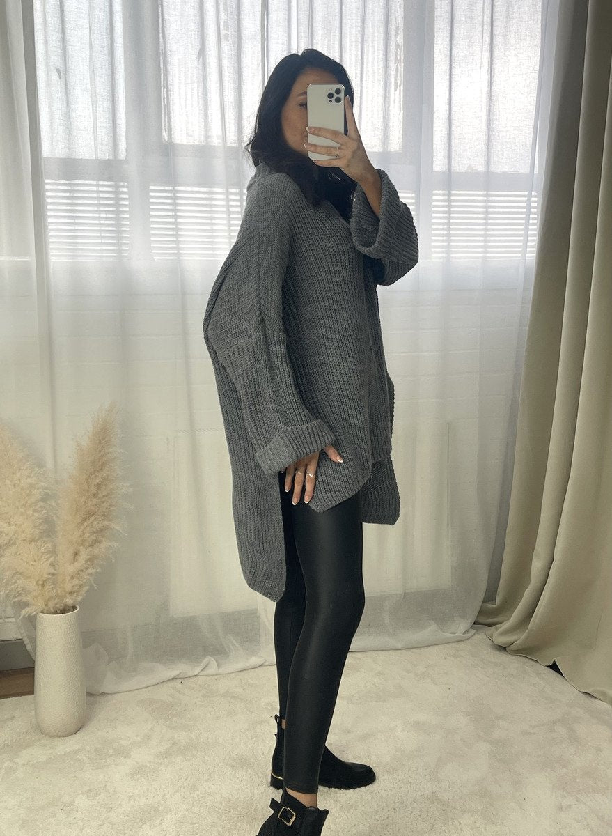 High Neck Oversized Long Sleeve Knitted Jumper-0