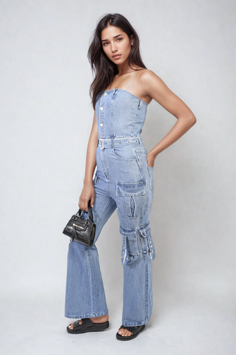 Multi Pockets Strapless Cargo Jumpsuit-0
