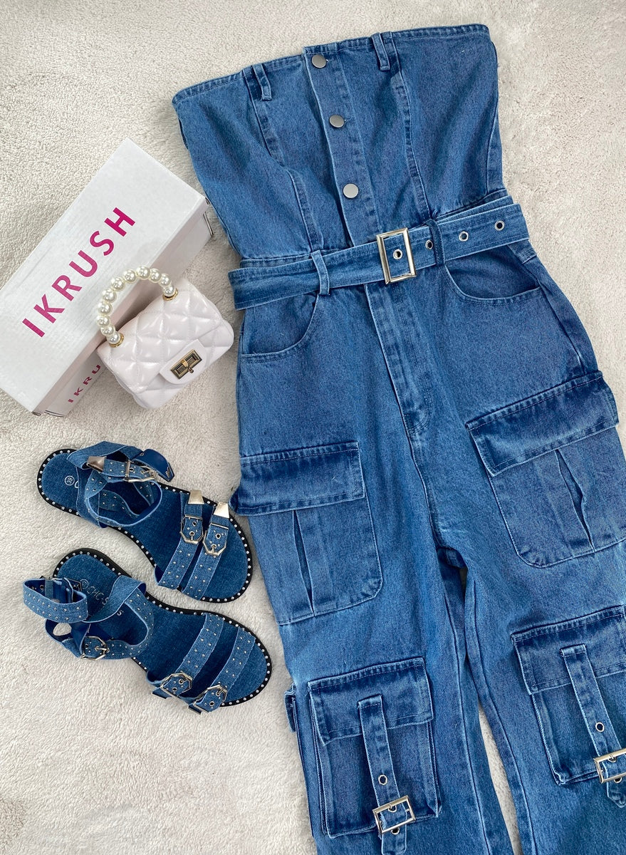Multi Pockets Strapless Cargo Jumpsuit-1