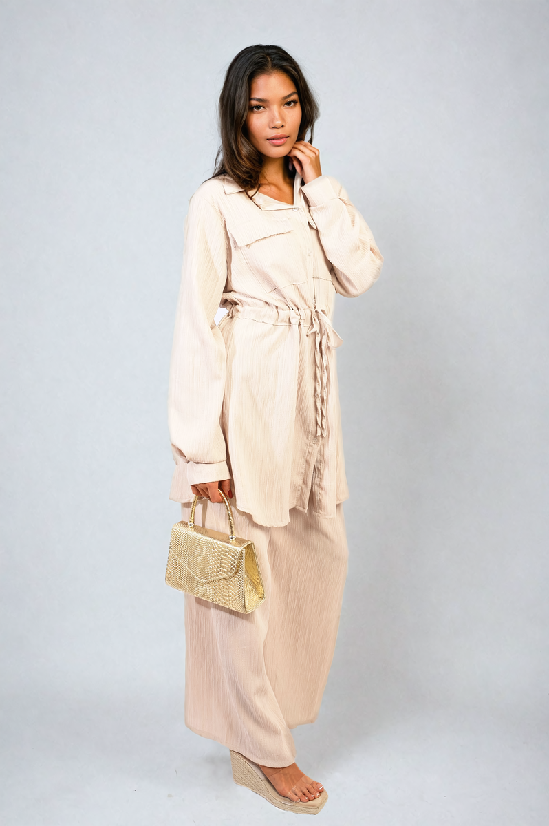 Oversized Long Sleeve Belted Button Down Top and Trouser Co-ord Set-1