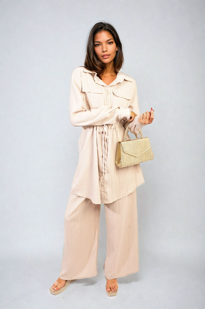 Oversized Long Sleeve Belted Button Down Top and Trouser Co-ord Set-0