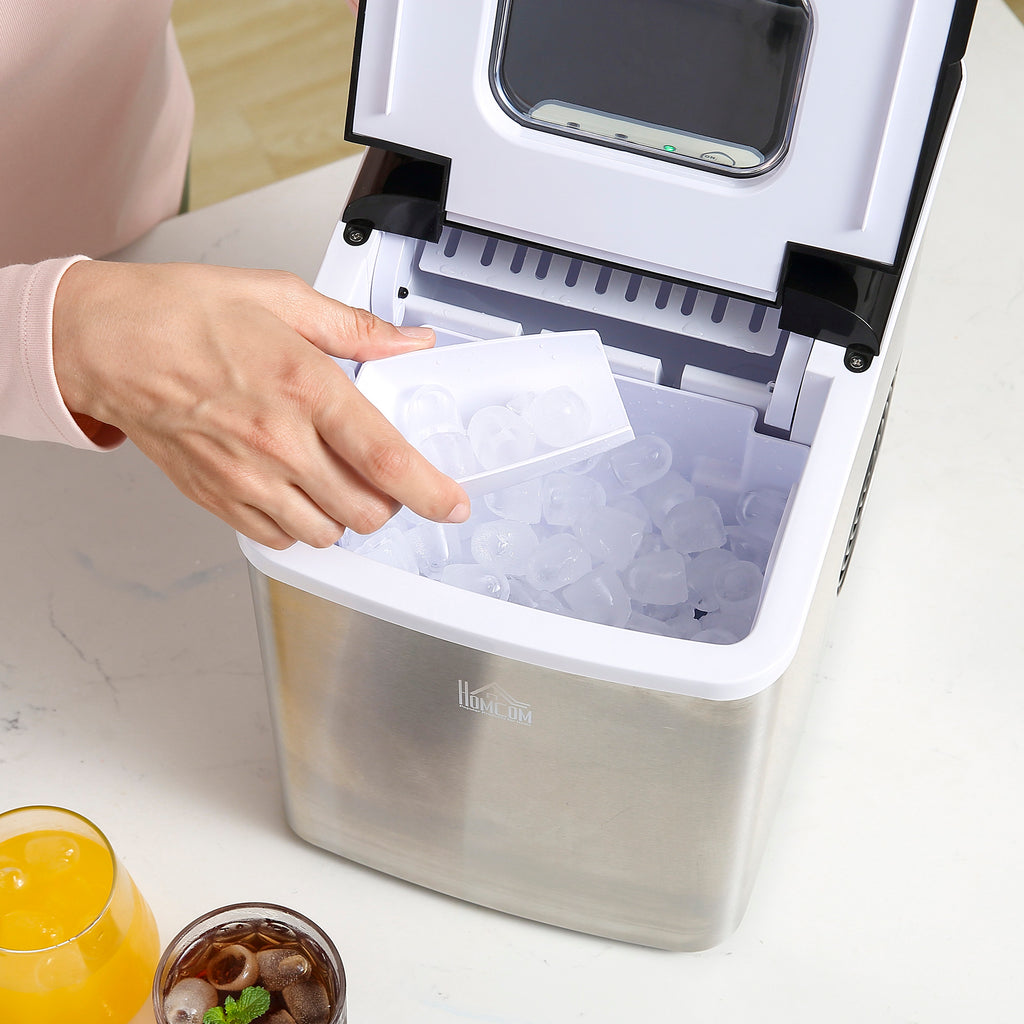 HOMCOM Counter Top Ice Cube Maker Machine, 12kg in 24 Hrs 1.8L with Self Cleaning Function Scoop & Basket Stainless Steel-6