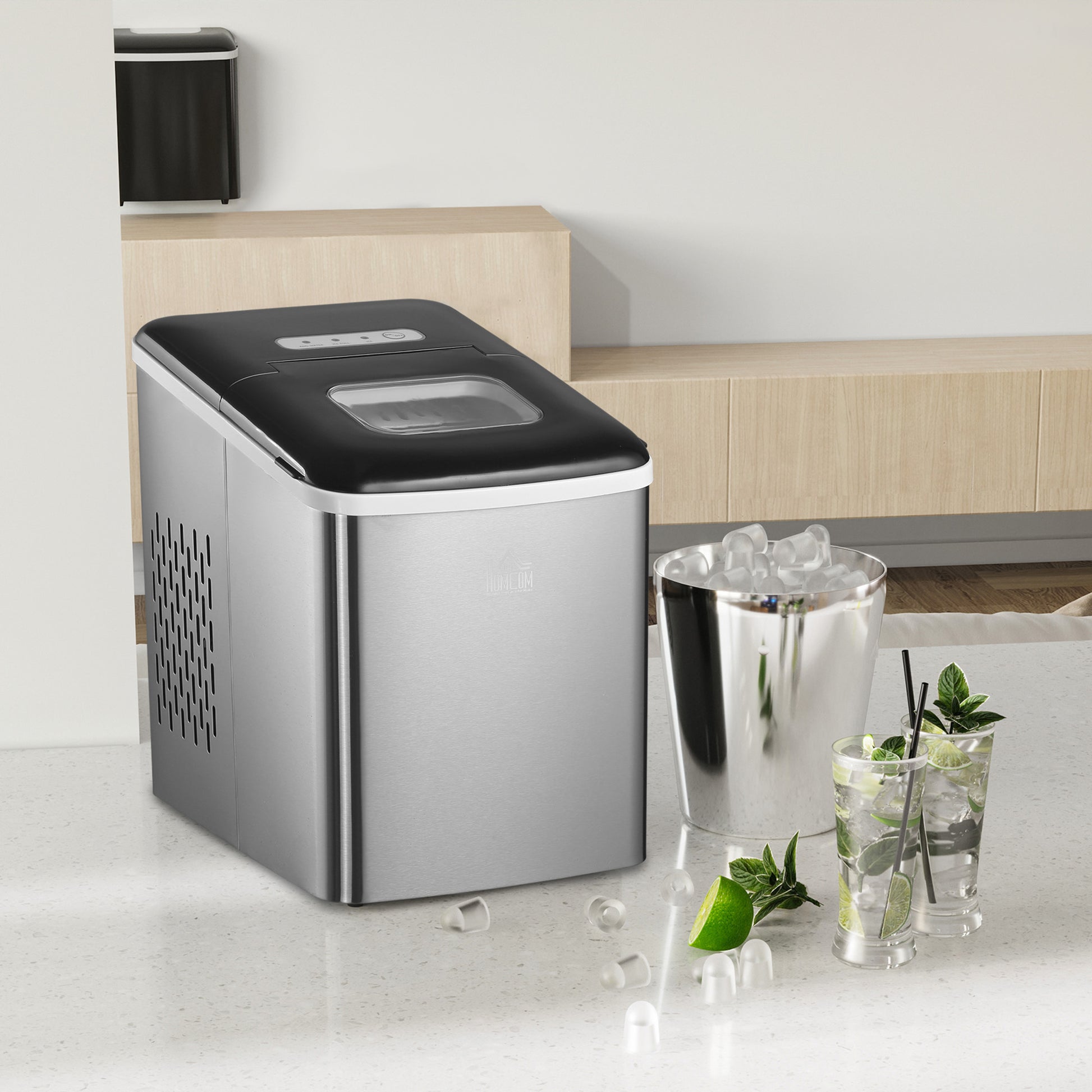HOMCOM Counter Top Ice Cube Maker Machine, 12kg in 24 Hrs 1.8L with Self Cleaning Function Scoop & Basket Stainless Steel-5